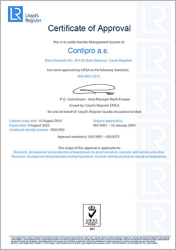 Contipro ISO 9001 certificate of approval