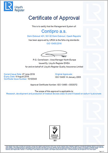 Contipro ISO 13485:2016 certificate of approval 