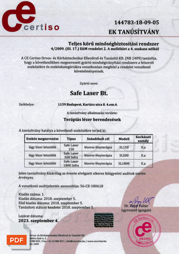 Safe Laser orvostechnikai tanúsítvány